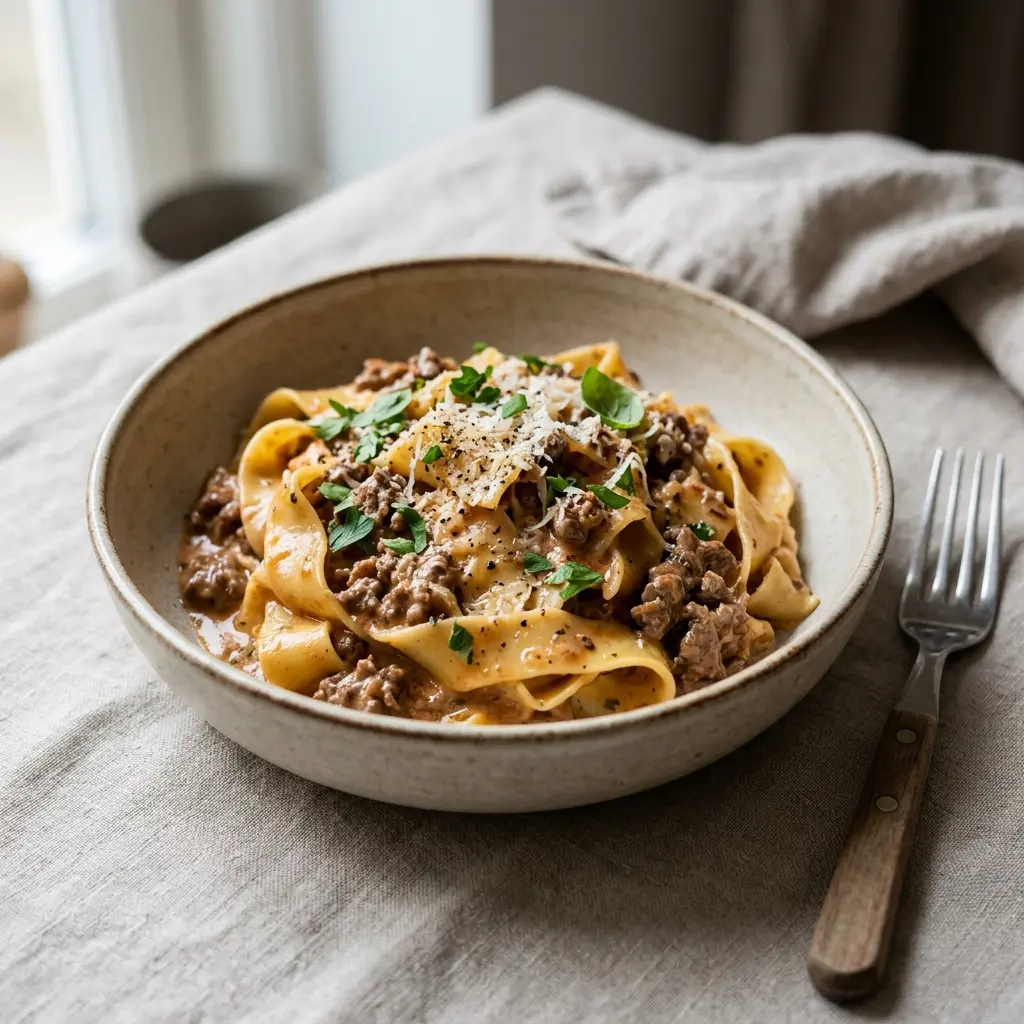 Foto del plato terminado de la receta pasta con carne picada de ternera y nata