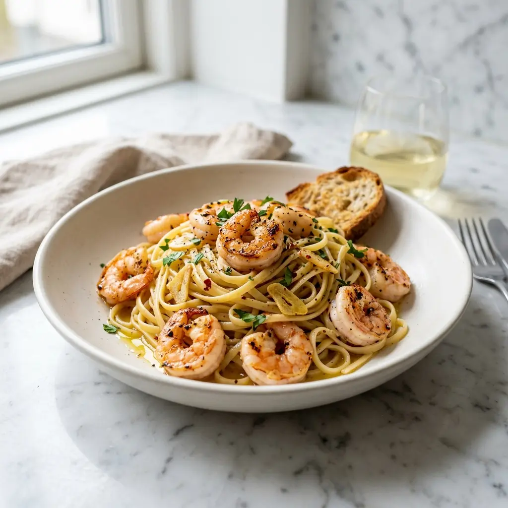 Foto del plato terminado de la receta pasta con gambas y ajo