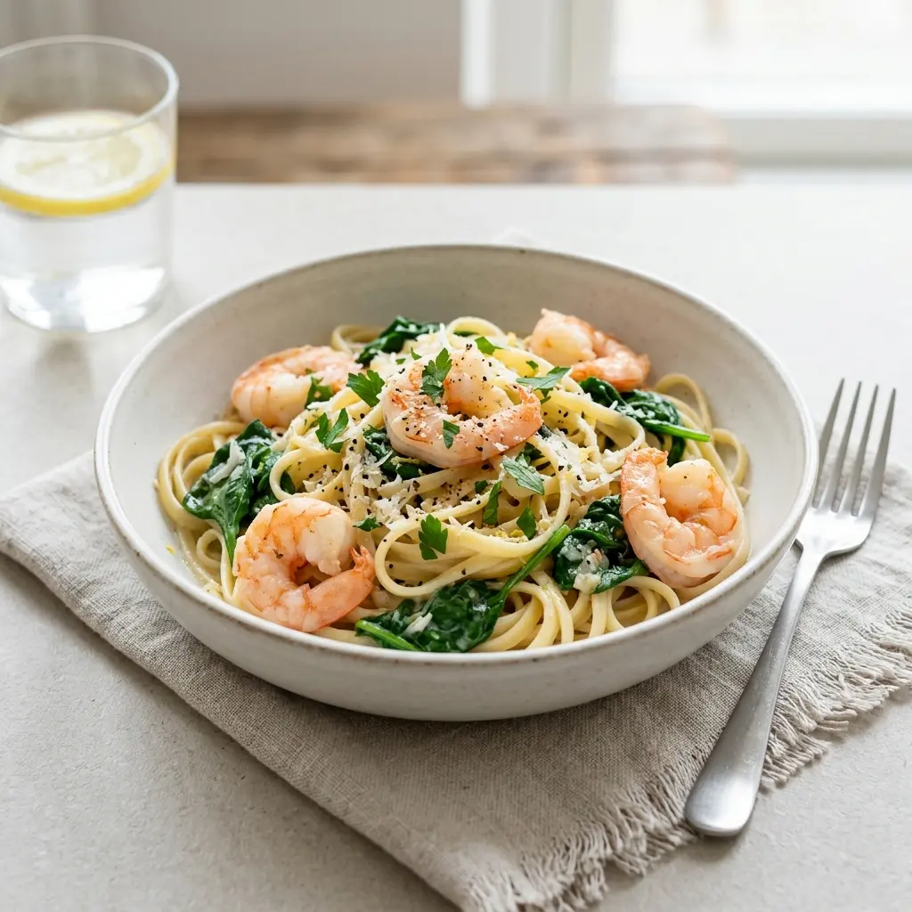 Foto del plato terminado de la receta pasta con gambas y espinacas