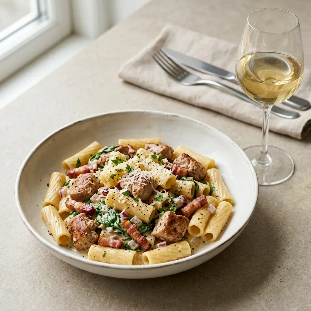 Foto del plato terminado de la receta pasta con pavo y bacon