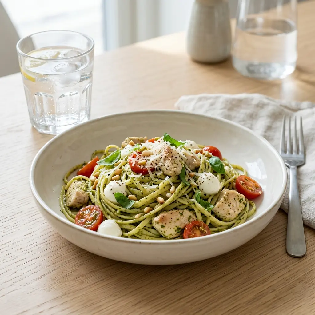Foto de la salsa o acompañamiento de la receta pasta con pavo y pesto