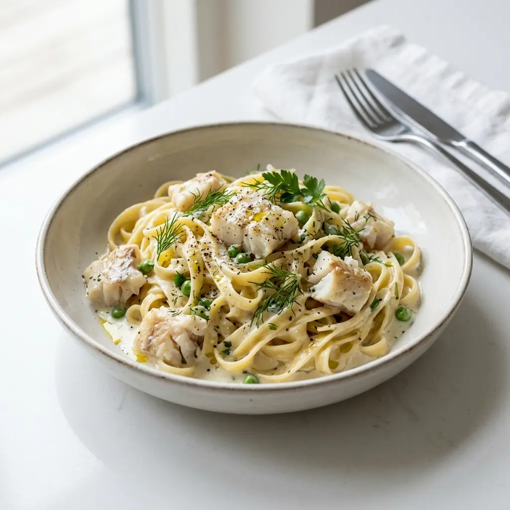 Foto del plato terminado de la receta pasta con pescado blanco y nata