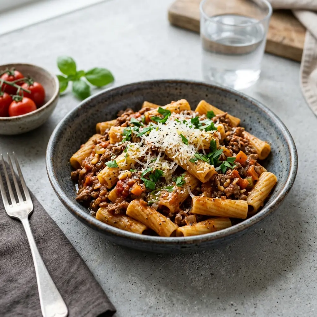 Foto del plato terminado de la receta pasta con ternera en una sola olla
