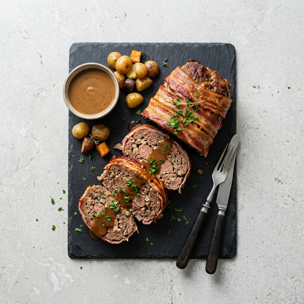 Foto de Pastel de carne danés con bacon en freidora de aire preparado en freidora de aire