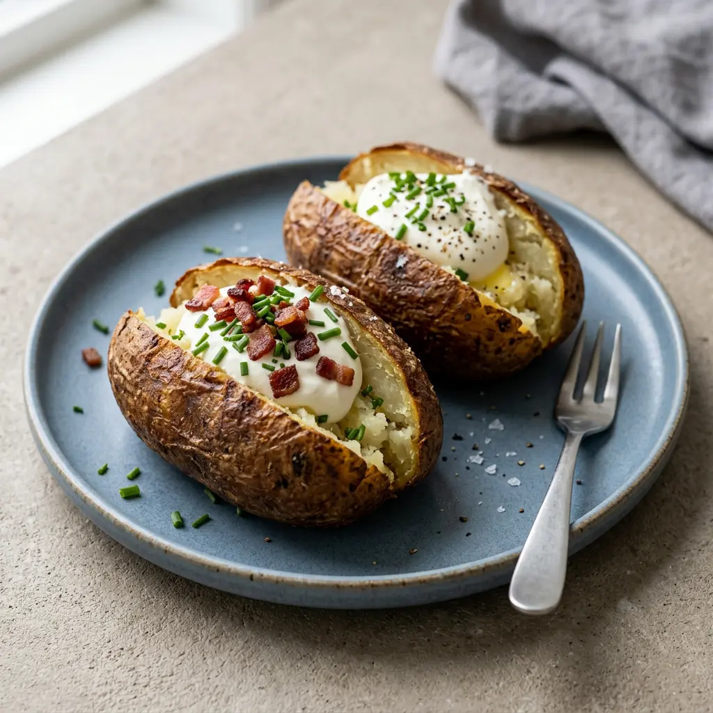 Foto de Patatas grandes con piel en freidora de aire preparado en freidora de aire