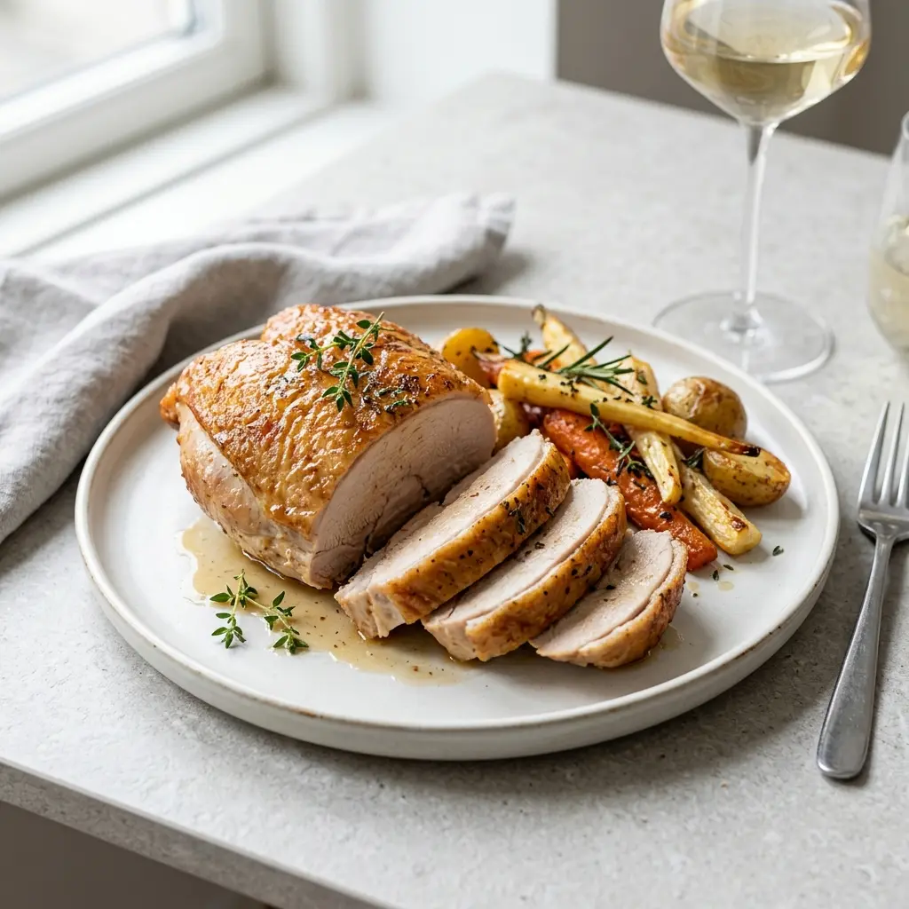 Foto del plato terminado de la receta pechuga de pavo salteada