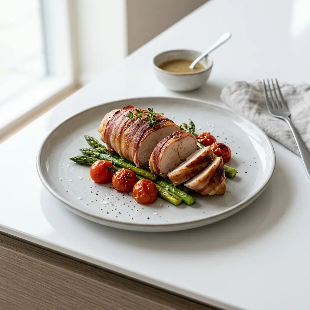 Foto del plato terminado de la receta pechuga de pollo envuelta en bacon