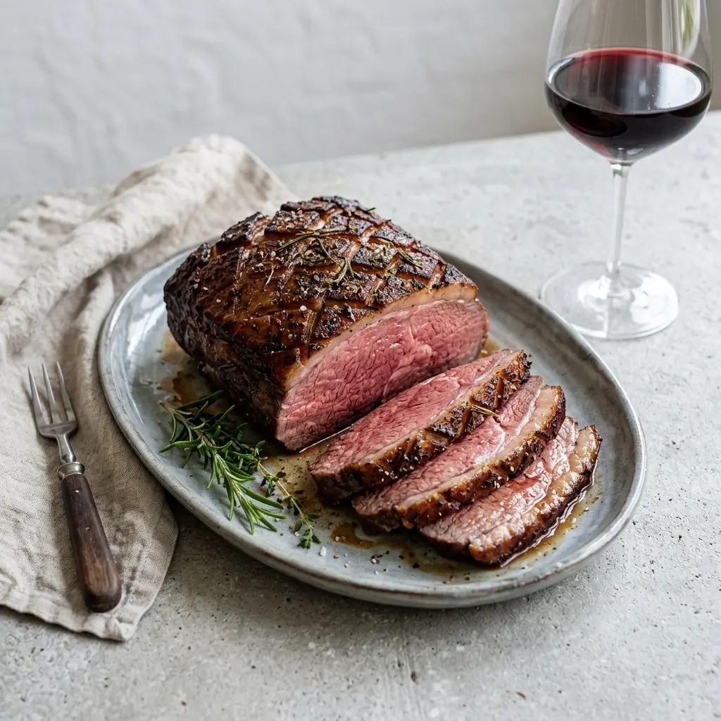 Foto del plato terminado de la receta picaña de ternera asada con cocción intermitente
