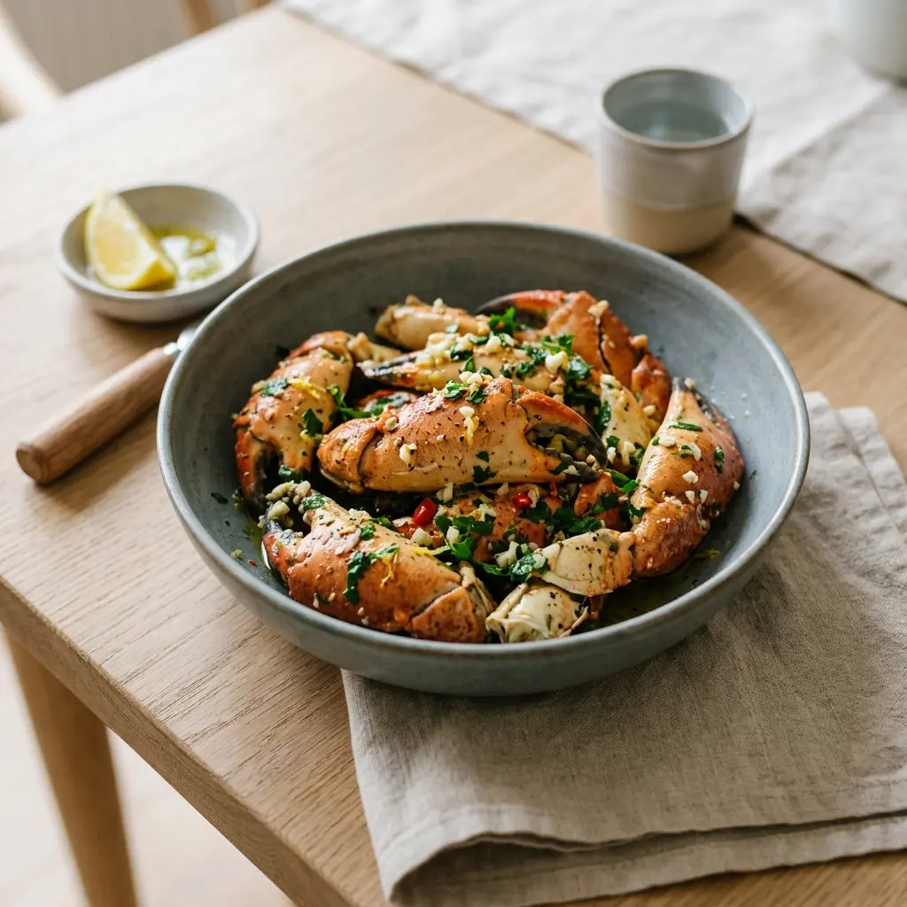 Foto del plato terminado de la receta pinzas de cangrejo marinadas con ajo