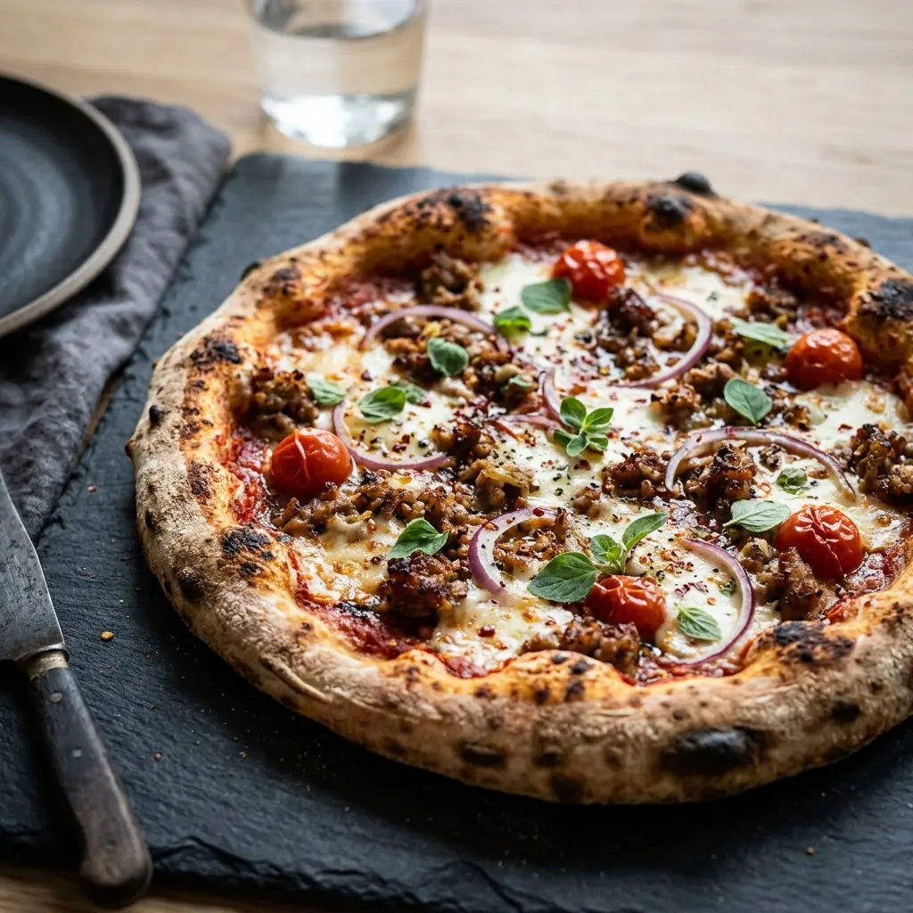 Foto del pan o masa de la receta pizza con carne picada de cerdo