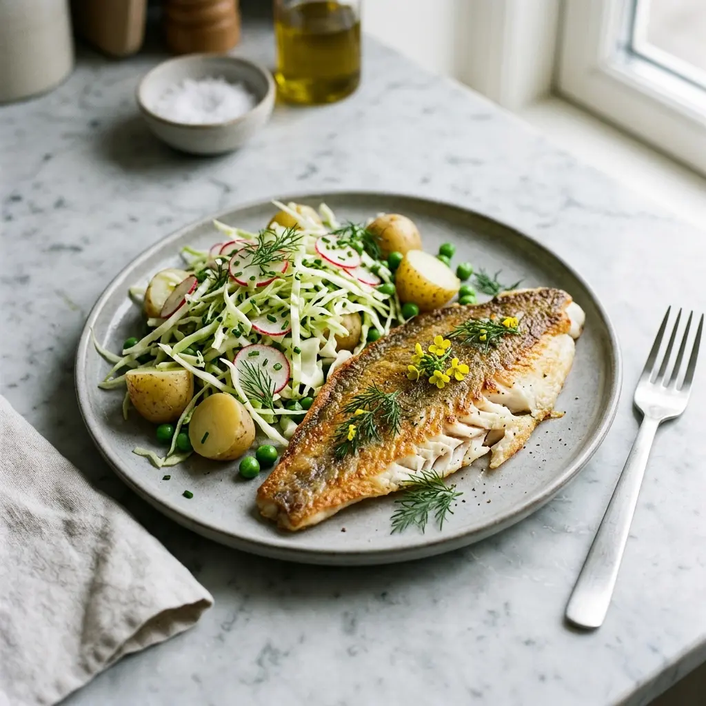 Foto de la ensalada de la receta platija con ensalada de col picuda