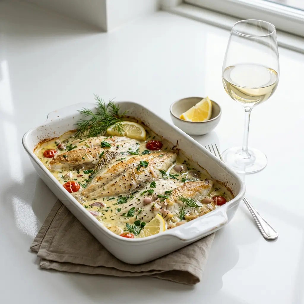 Foto del plato terminado de la receta platija en fuente al horno con vino blanco
