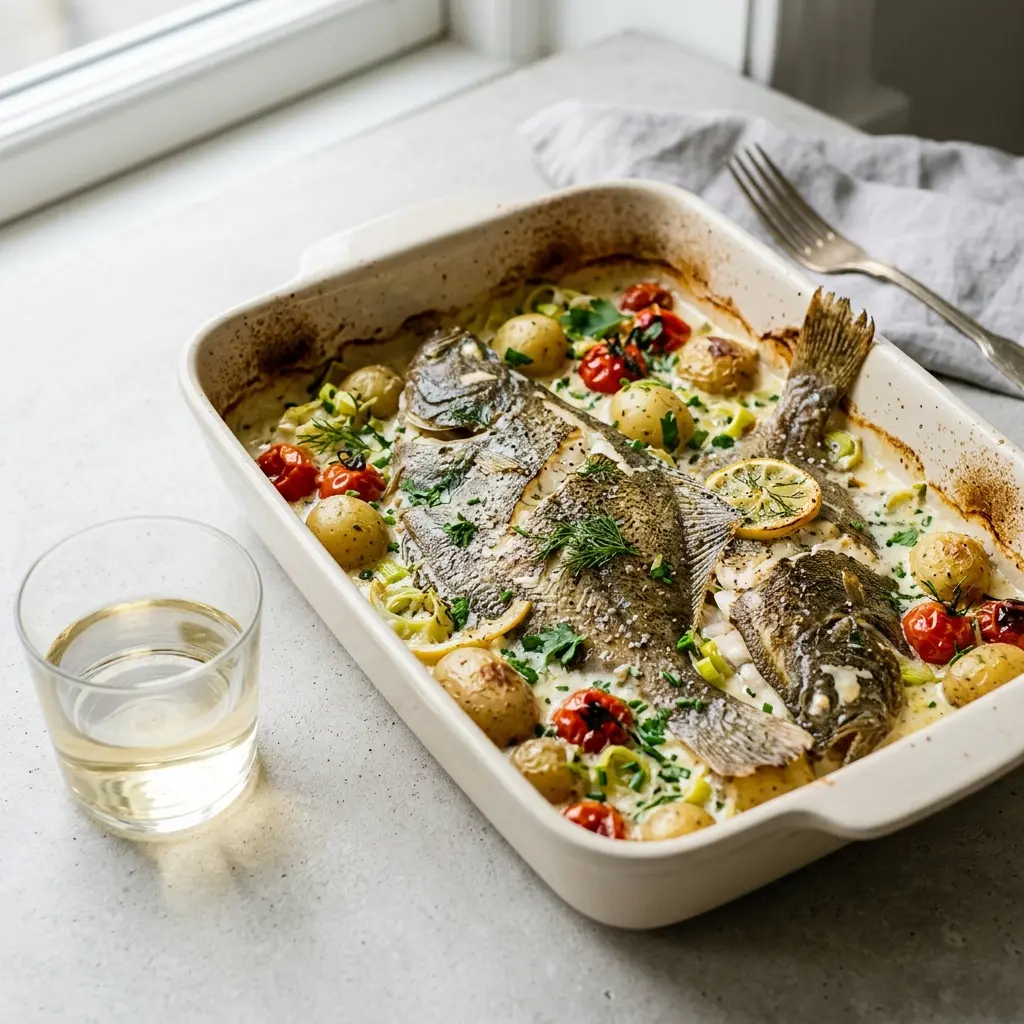 Foto del plato terminado de la receta platija europea en fuente al horno