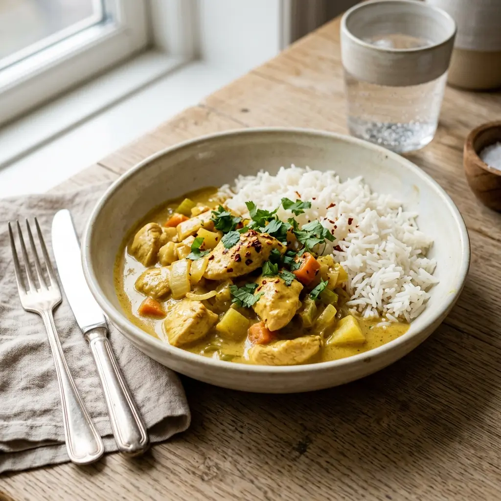 Foto del plato terminado de la receta pollo al curry