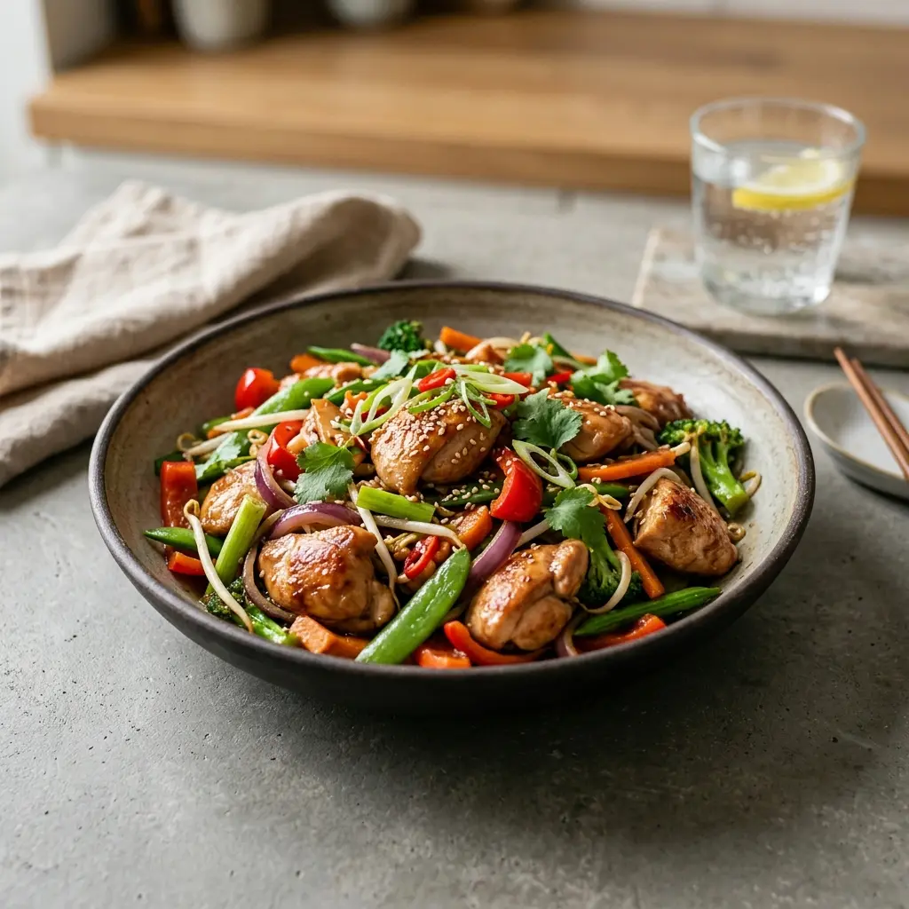 Foto del plato terminado de la receta pollo al wok