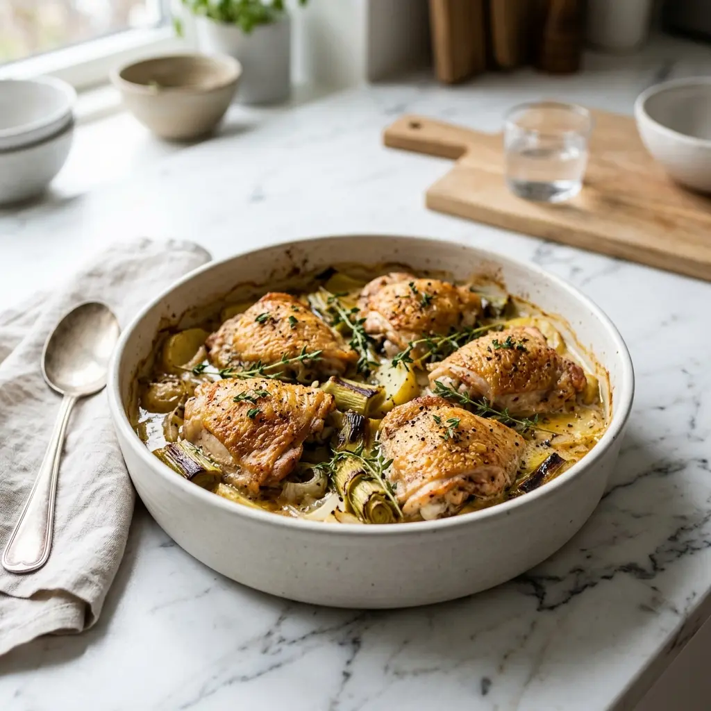 Foto del plato terminado de la receta pollo en fuente al horno con puerros