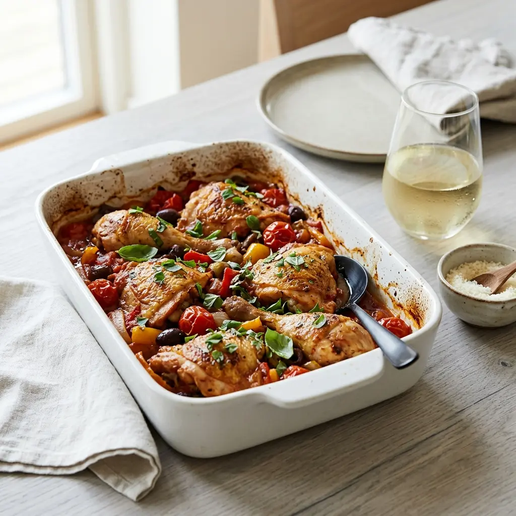 Foto del plato terminado de la receta pollo italiano en fuente al horno