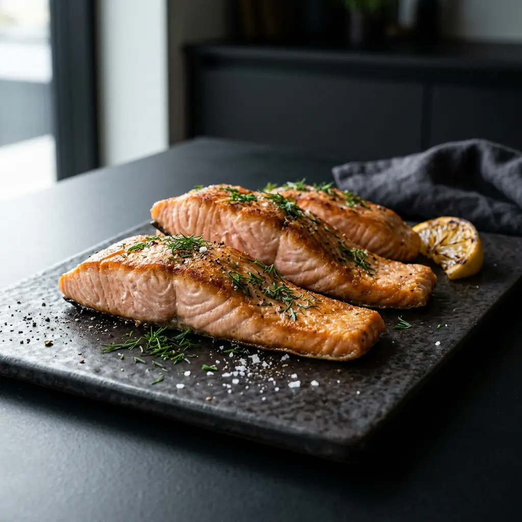 Foto de Porciones de salmón en freidora de aire preparado en freidora de aire