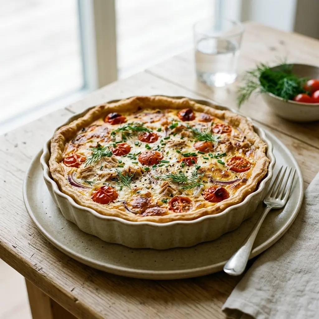 Foto del plato terminado de la receta quiche de atún y tomate