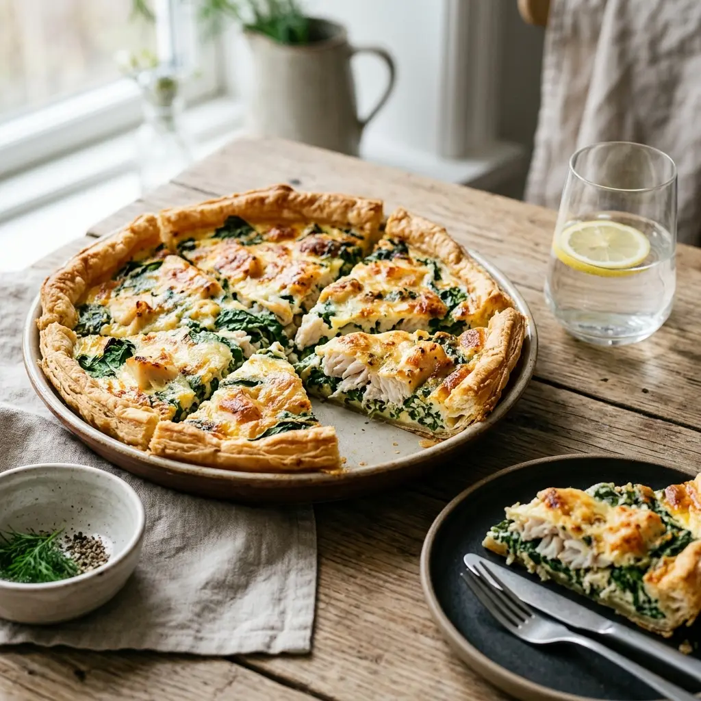 Foto del plato terminado de la receta quiche de bacalao con espinacas