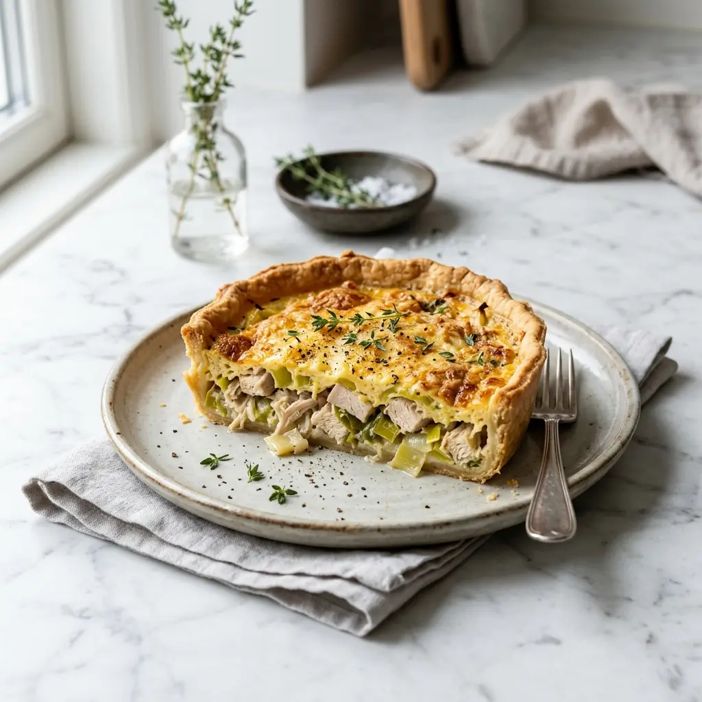 Foto del plato terminado de la receta quiche de pollo con puerros