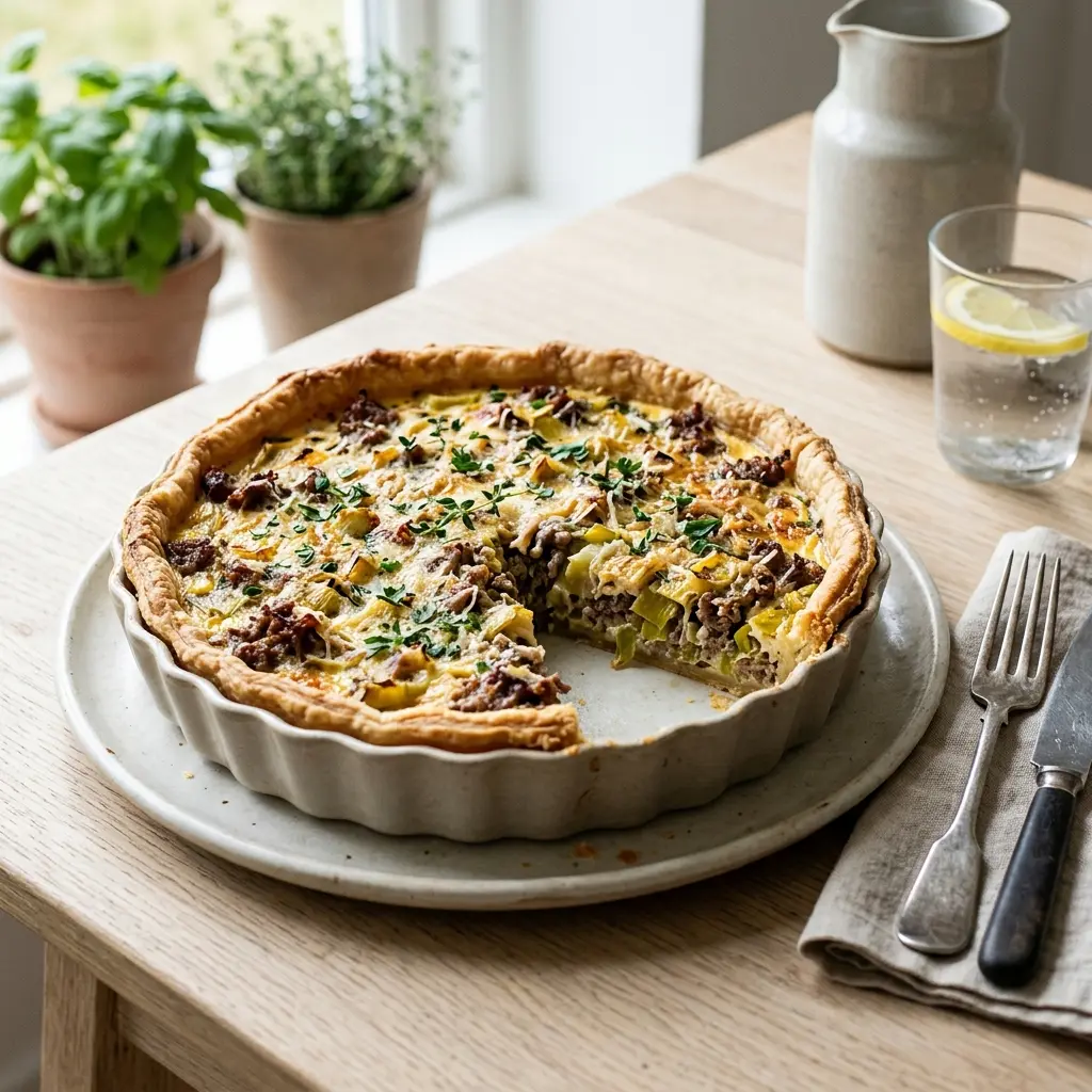Foto del plato terminado de la receta quiche de ternera y puerros