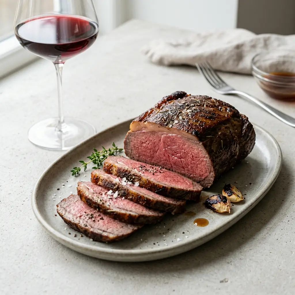 Foto del plato terminado de la receta rabillo de cadera asado con cocción intermitente