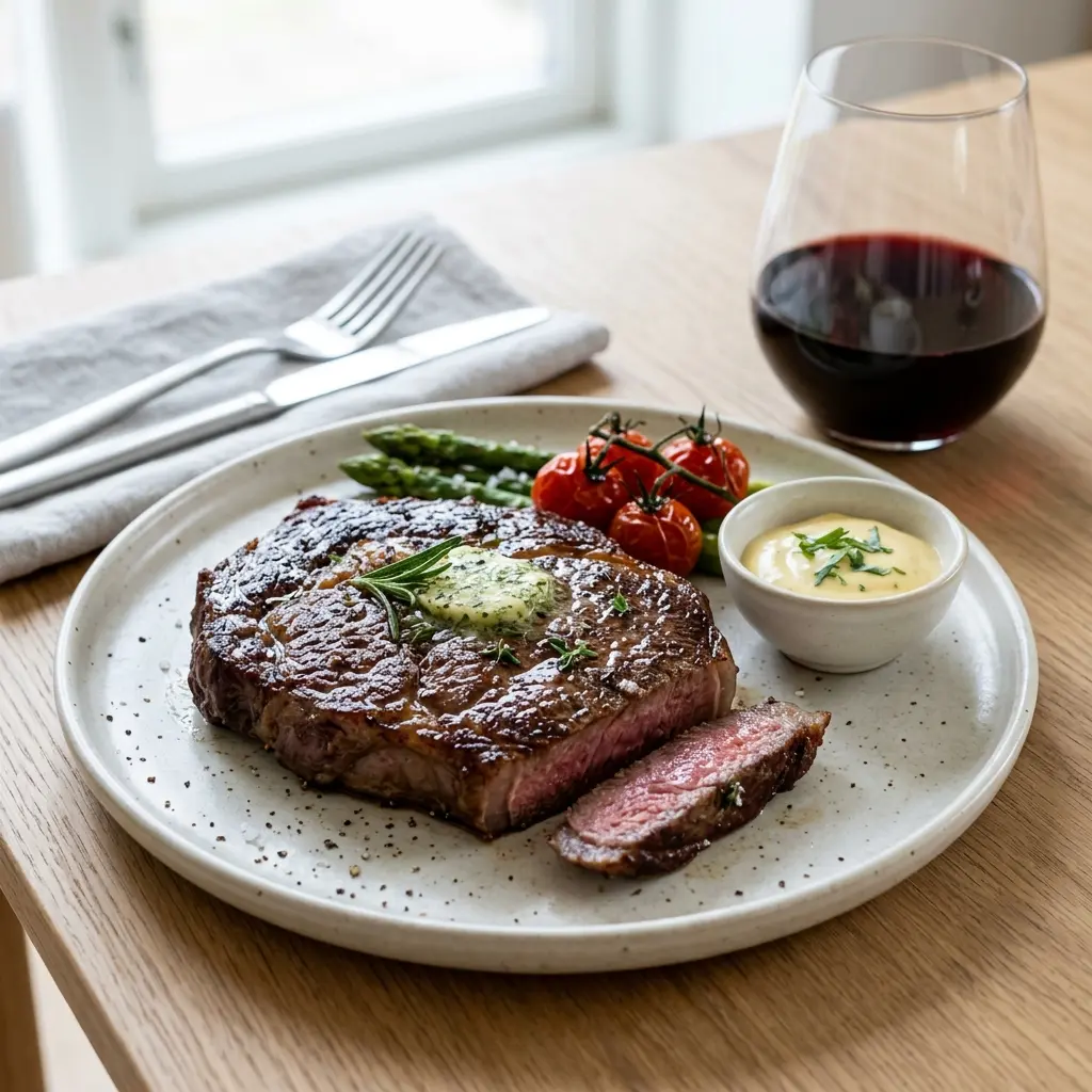 Foto del plato terminado de la receta ribeye a la sartén