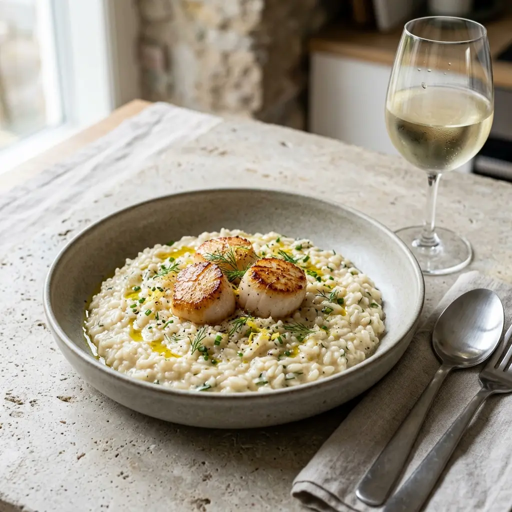 Foto del plato terminado de la receta risotto con vieiras