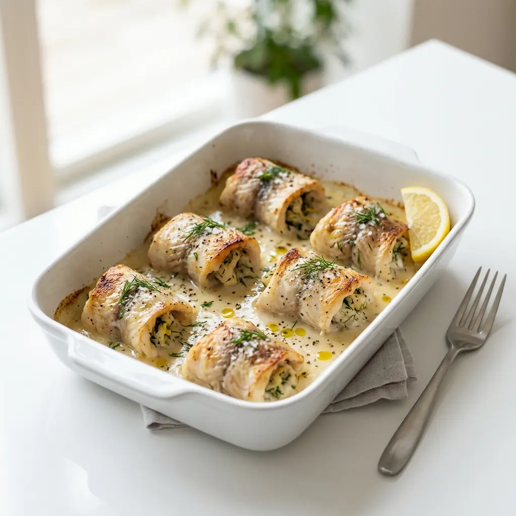 Foto del plato terminado de la receta rollitos de platija al horno