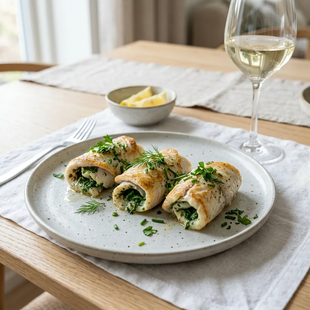 Foto del plato terminado de la receta rollitos de platija con hierbas aromáticas