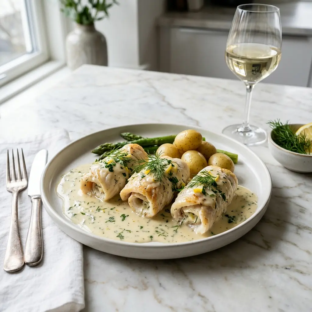 Foto de la salsa o acompañamiento de la receta rollitos de platija en salsa de vino blanco
