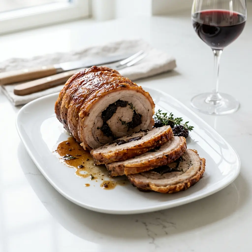 Foto del plato terminado de la receta rollo de cerdo asado con ciruelas pasas