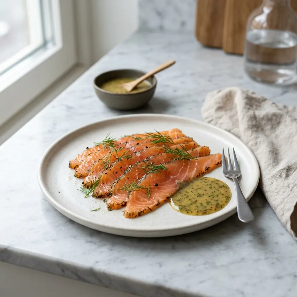 Foto del plato terminado de la receta salmón gravlax