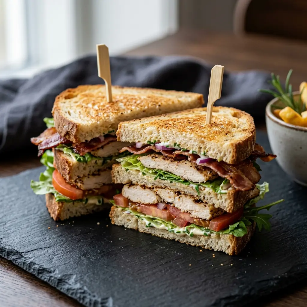 Foto del plato terminado de la receta sándwich club de pollo