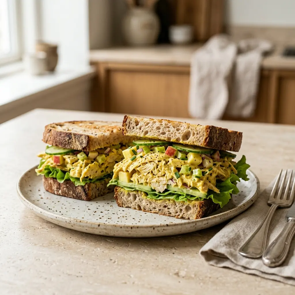 Foto del plato terminado de la receta sándwich de pollo con curry