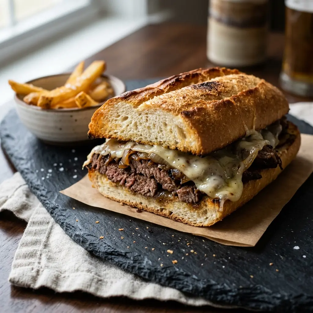 Foto del plato terminado de la receta sándwich Philly cheesesteak