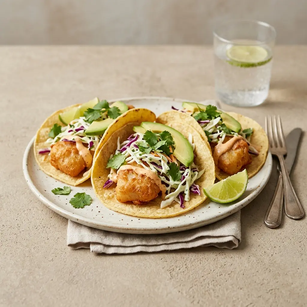 Foto del plato terminado de la receta tacos de pescado estilo Baja