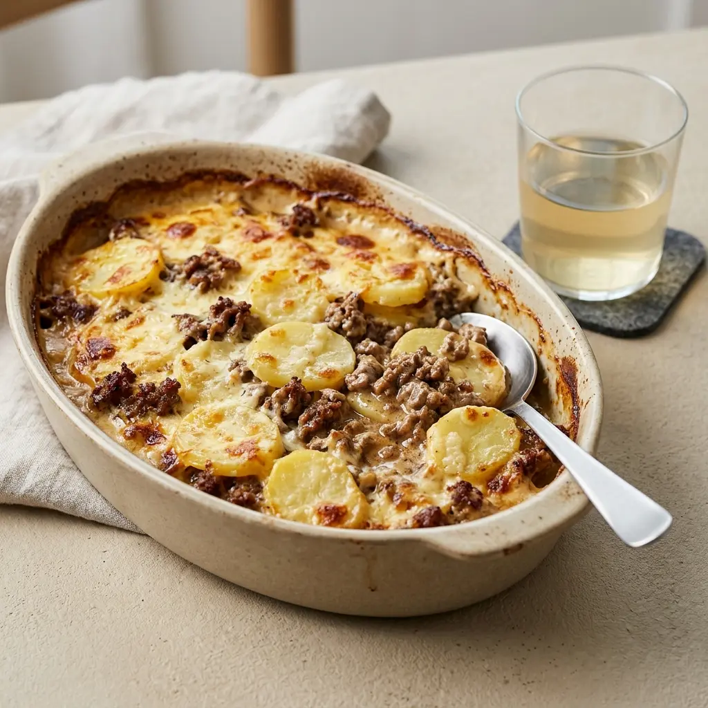 Foto del plato terminado de la receta ternera en fuente al horno con patatas gratinadas con nata