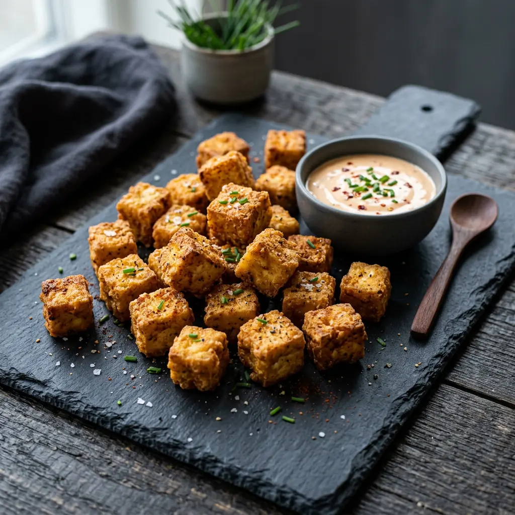 Foto de Tofu crujiente en freidora de aire preparado en freidora de aire