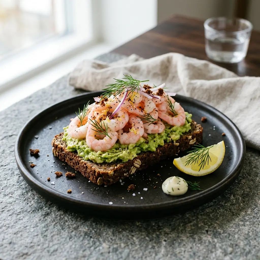 Foto del plato terminado de la receta tosta de gambas con aguacate
