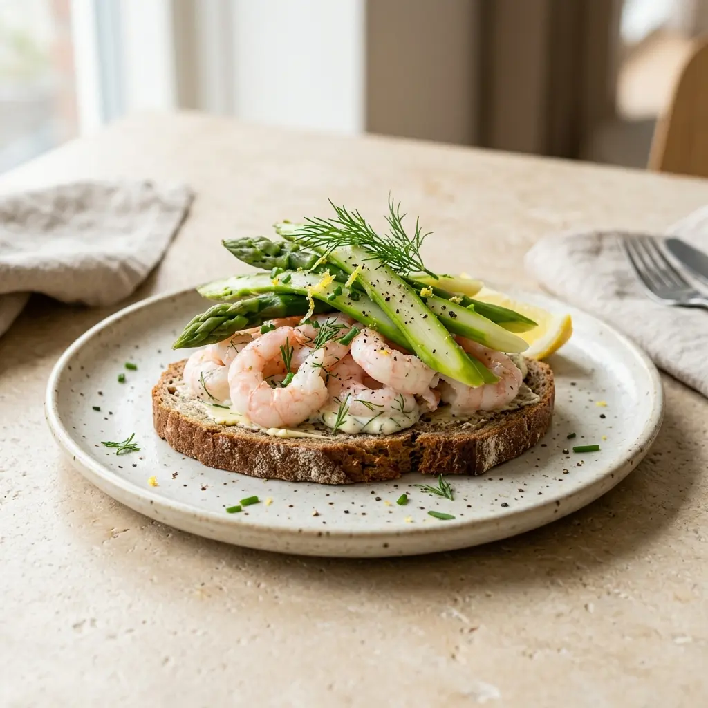 Foto del plato terminado de la receta tosta de gambas con espárragos