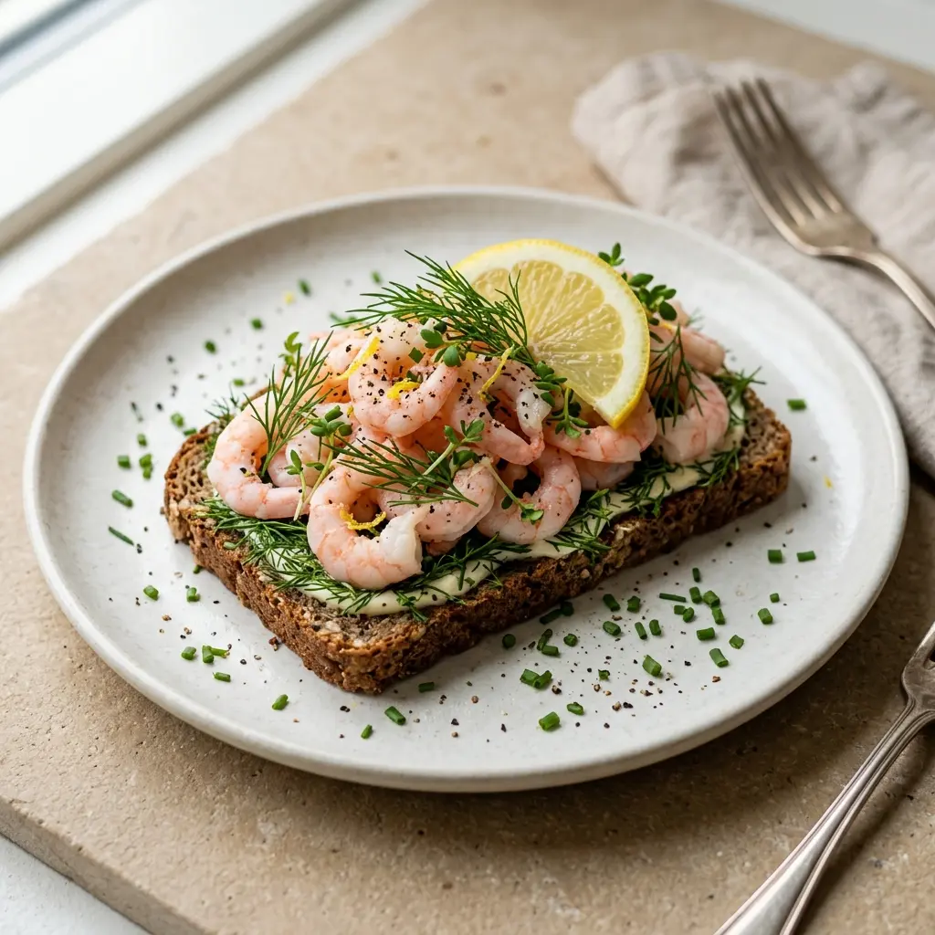 Foto del plato terminado de la receta tosta de gambas