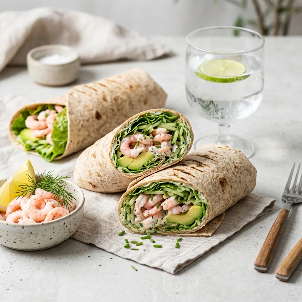 Foto del plato terminado de la receta wrap de gambas con aguacate