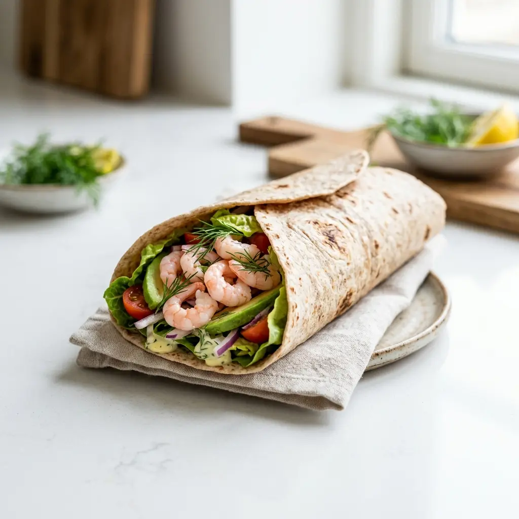Foto del plato terminado de la receta wrap de gambas