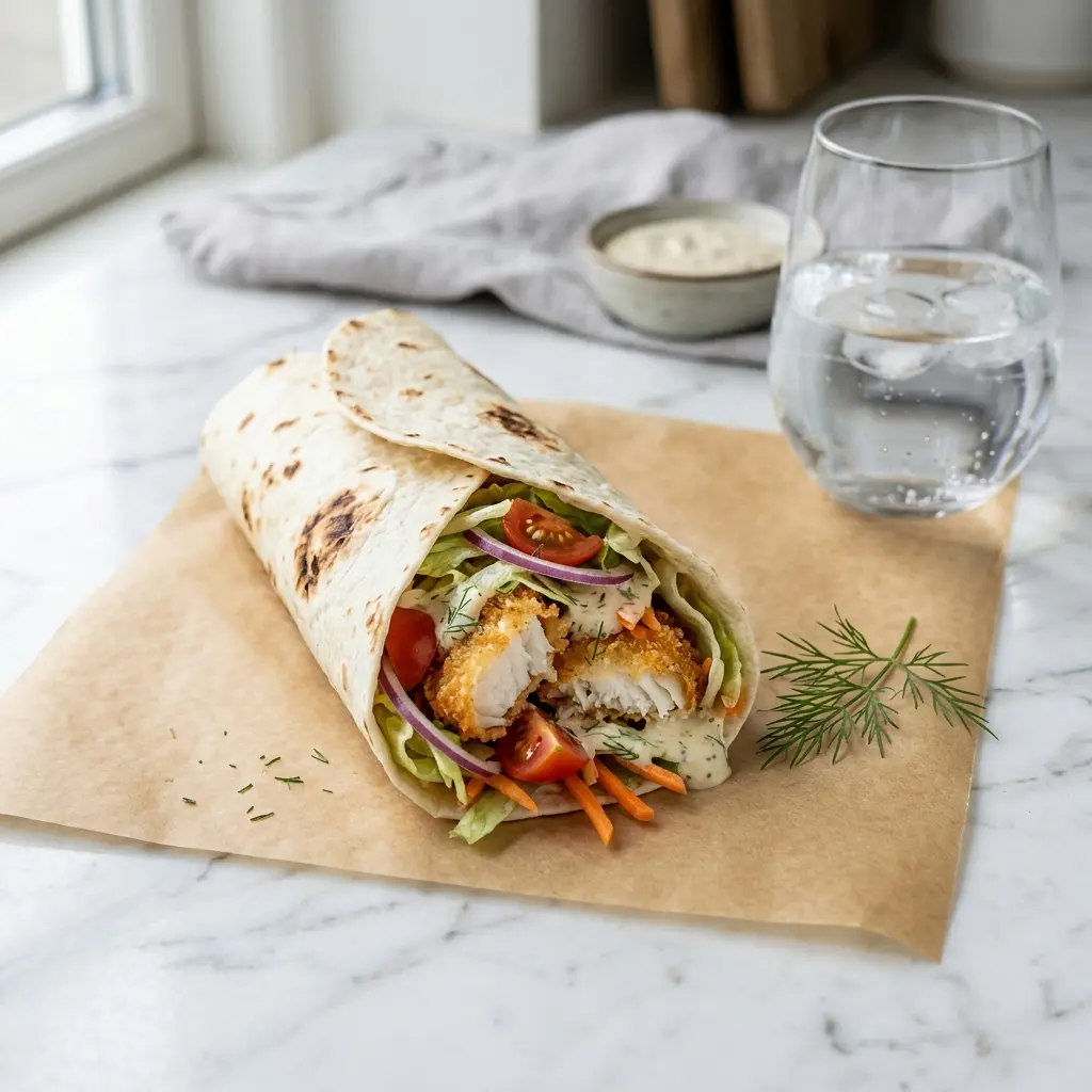 Foto del plato terminado de la receta wrap de platija crujiente